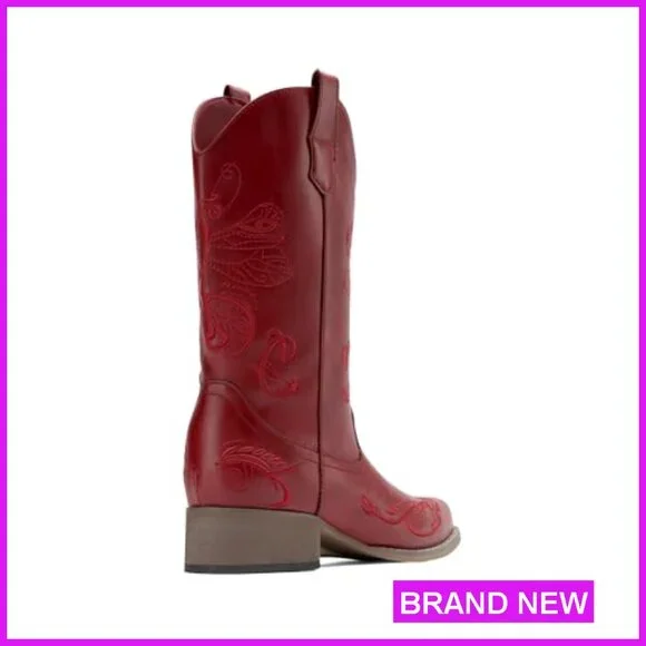 Square Toe Cowgirl Boots Chunky Heel Mid Calf Western Embroidered Stitched Pull - Picture 5 of 7